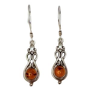 Baltic Amber Dangle Earrings 1 5/8" 925 Sterling Silver Cognac Honey Brown Fancy
